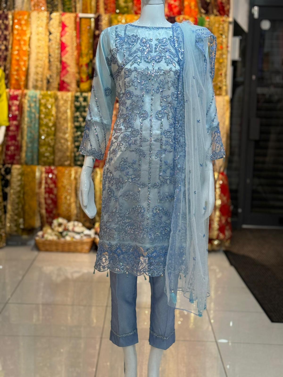 Ice Blue Beadwork 3 Pc Net Outfit - ELRR006