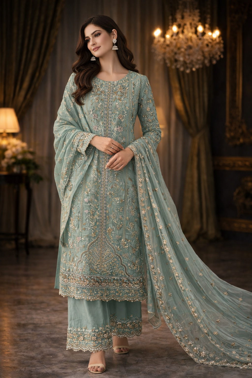 Light sage green heavy beaded outfit (EL0H9)