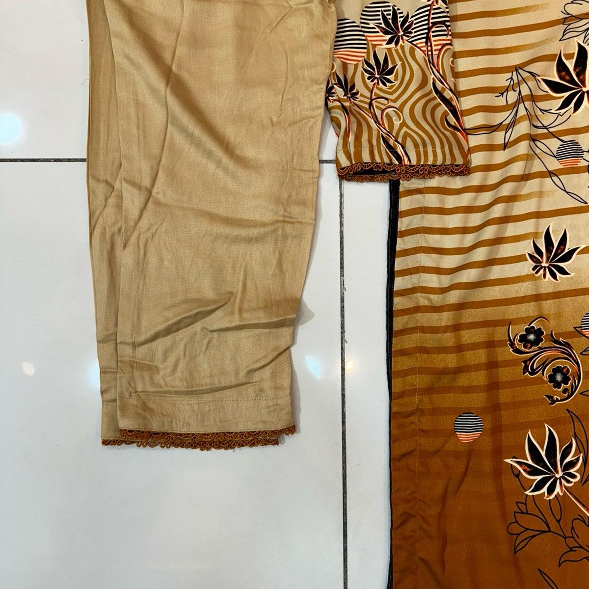 ELWC-009 Kottrai wool 3 piece printed suit with wool shawl orange and cream clothing