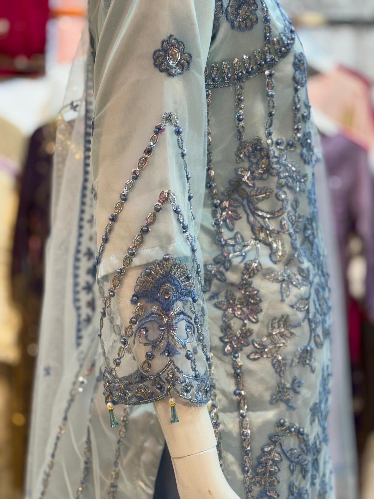 Ice Blue Beadwork 3 Pc Net Outfit - ELRR006