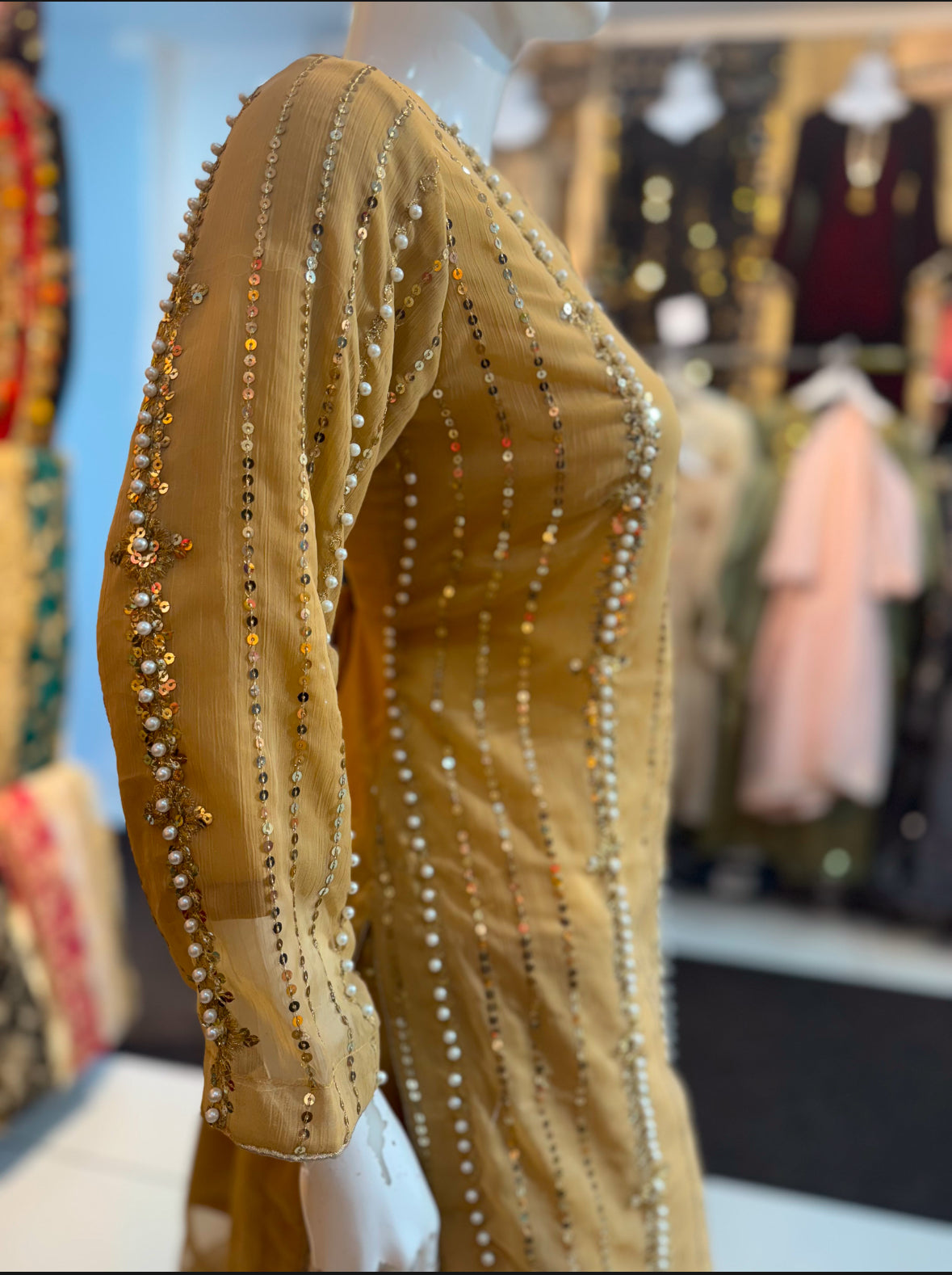 Heavily beaded Beige shirt with plazo style trousers - ELRR135