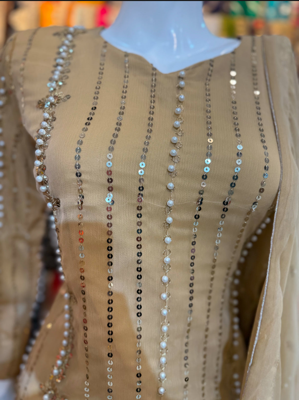Heavily beaded Beige shirt with plazo style trousers - ELRR135