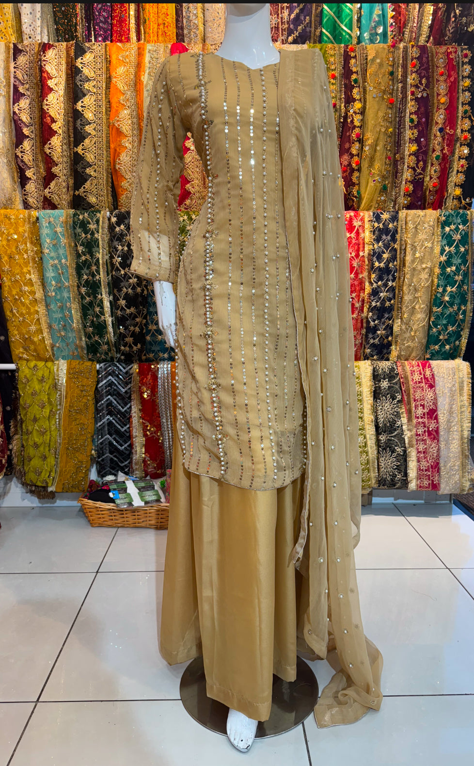 Heavily beaded Beige shirt with plazo style trousers - ELRR135