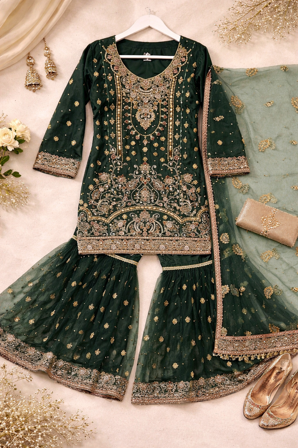 Bottle green heavy beaded Gharara (ELGGHG7)
