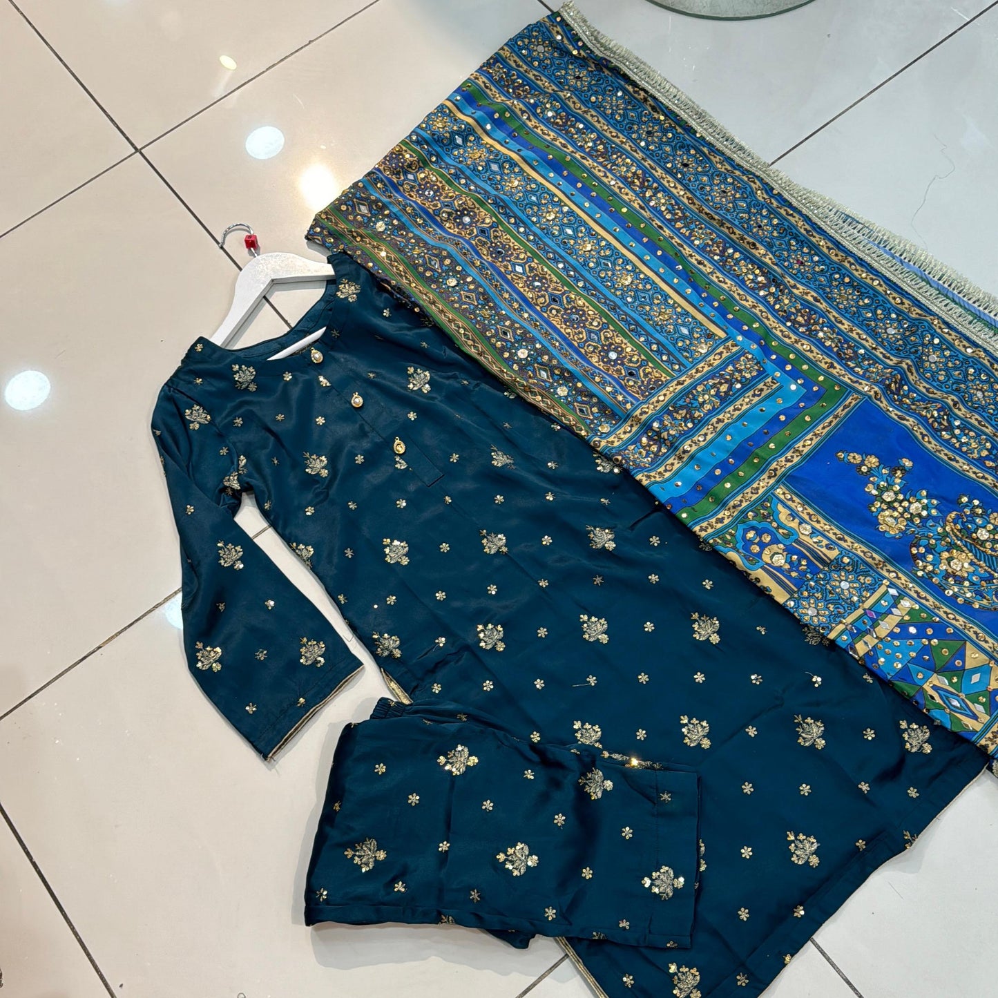 Teal Satin Silk Suite with heavy matching shawl - 3PC - ELRR104