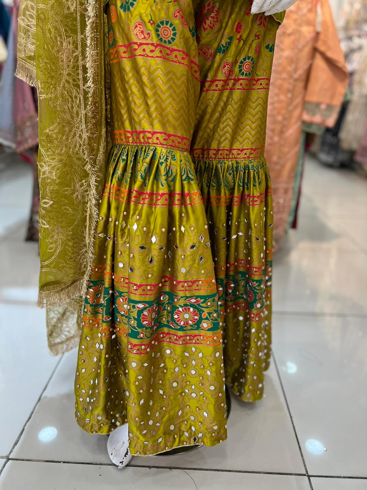 Lime Green Mehndi Gharara Set