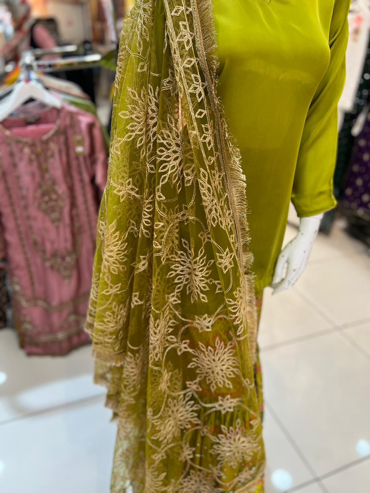 Lime Green Mehndi Gharara Set