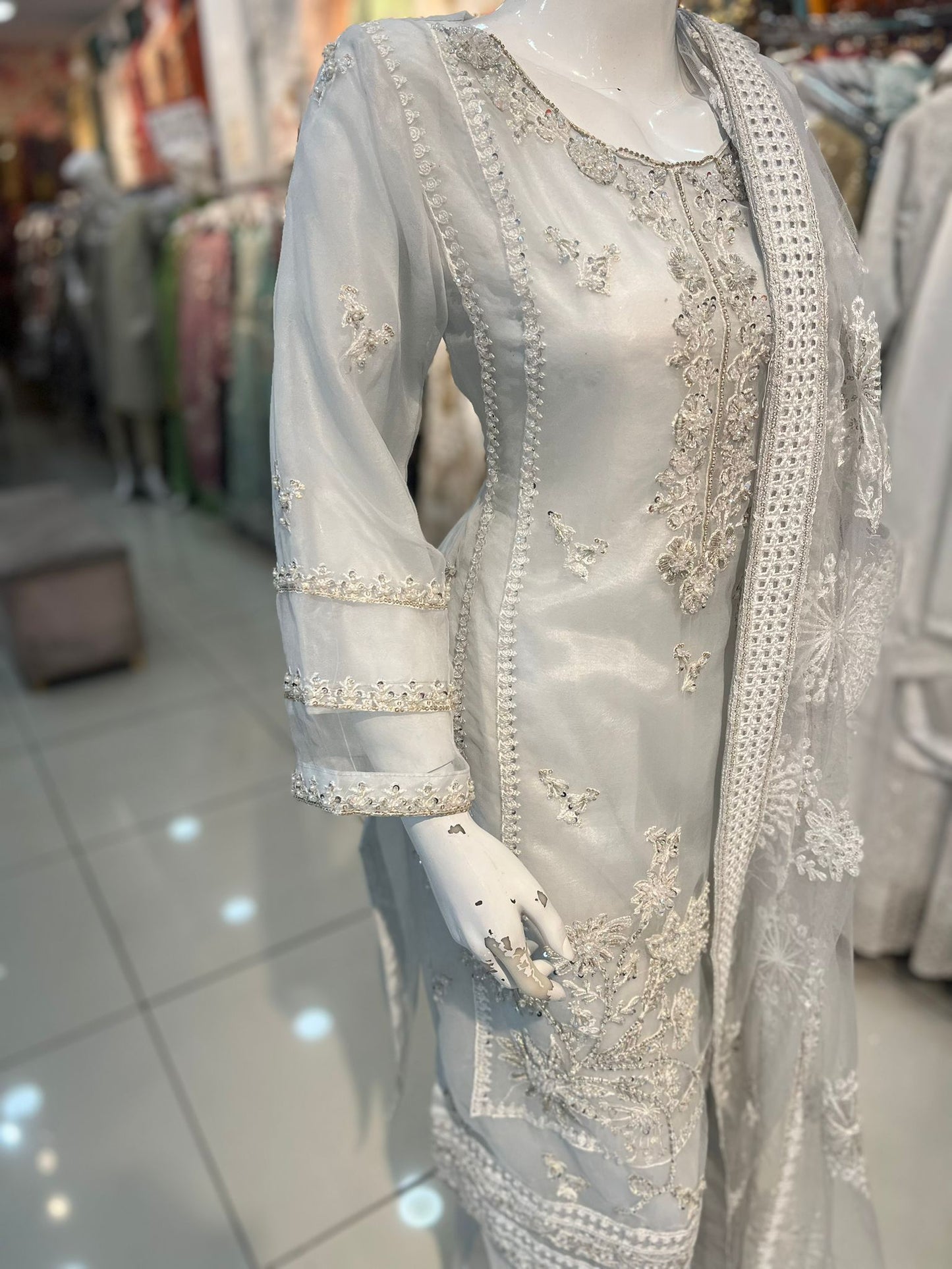 White Heavy Bead work 3 pc outfit