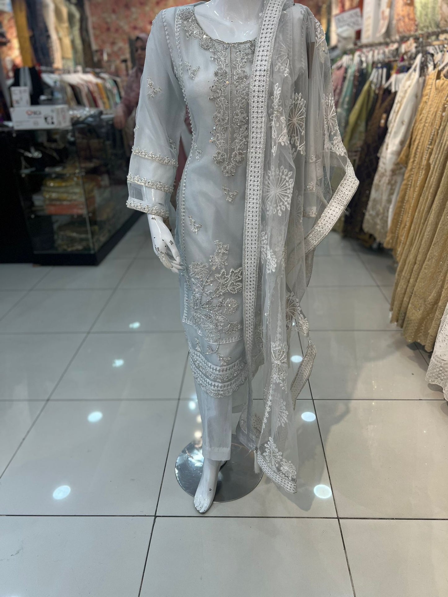 White Heavy Bead work 3 pc outfit