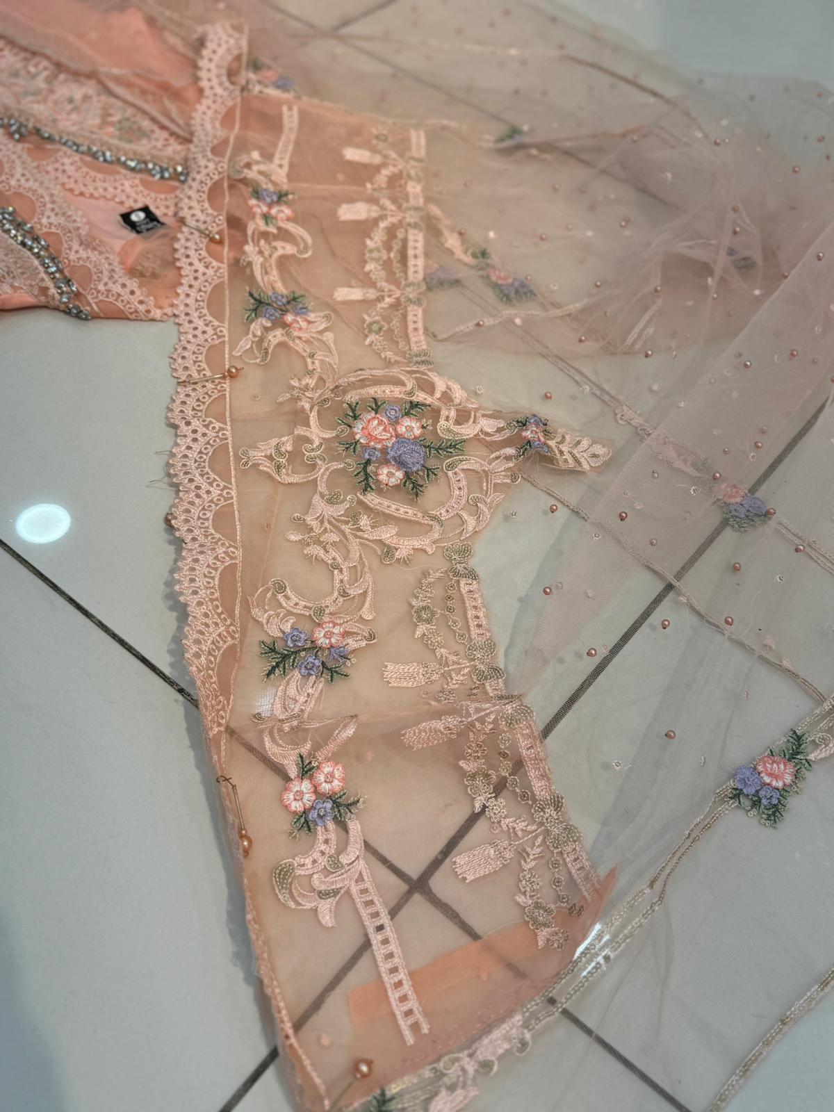Mariam's Original Peach 3 Pc Formal Wear with Embellished Bead Work and Thread Work