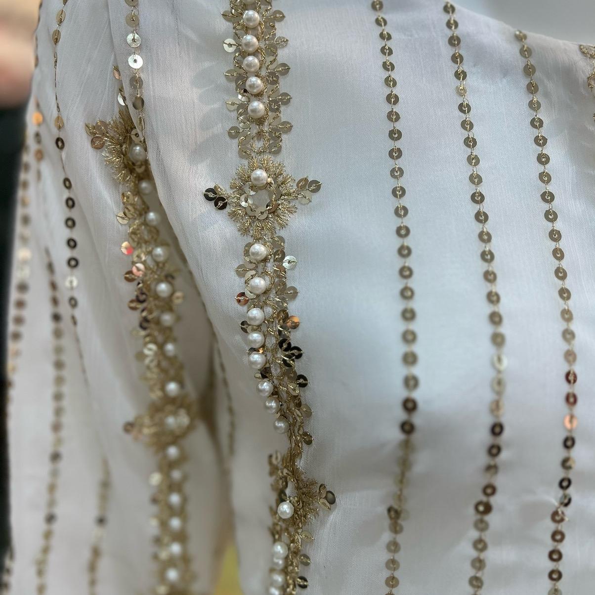 White Fully Embellished with Bead work and plazo style trousers - 3 PC - ELRR095