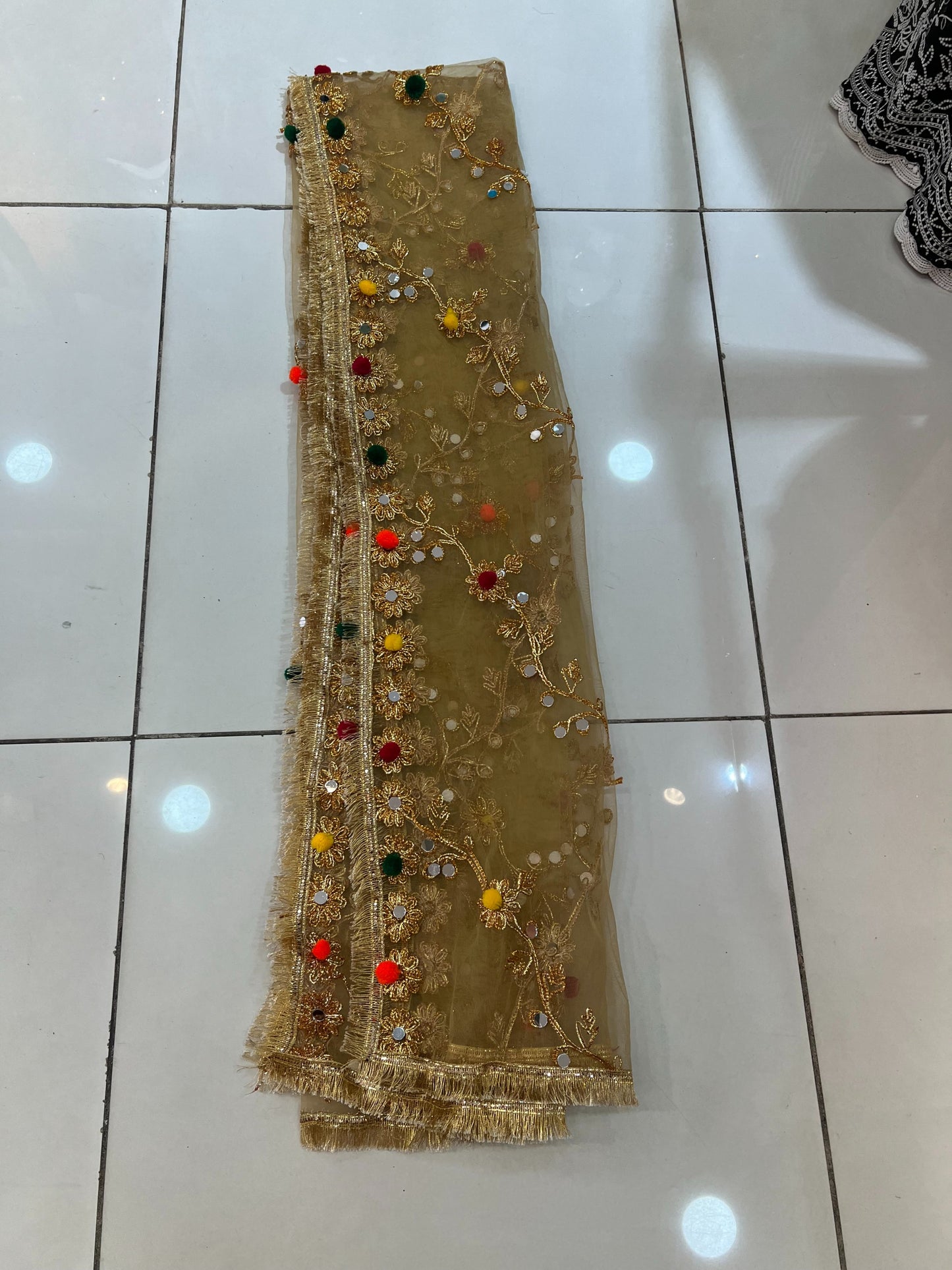 Multi Color Pomp Pomp Mehndi Net Dupatta - ELMWDP002