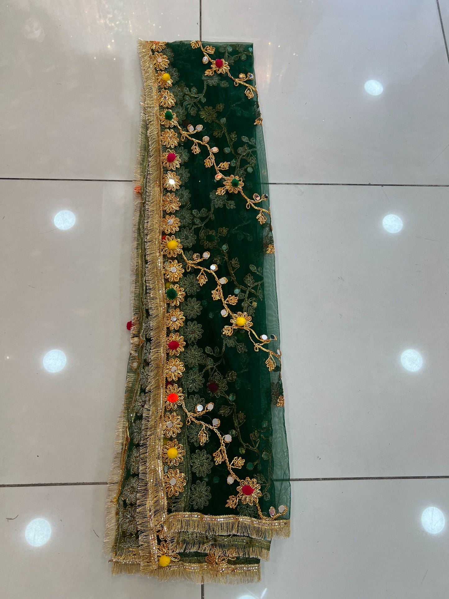 Multi Color Pomp Pomp Mehndi Net Dupatta - ELMWDP002