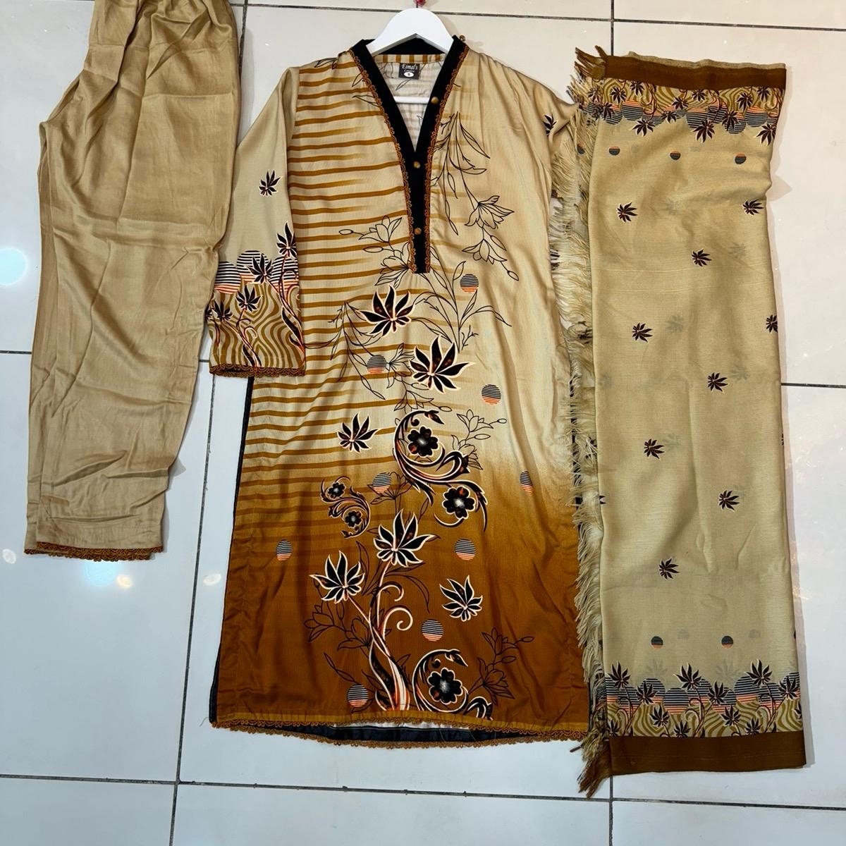 ELWC-009 Kottrai wool 3 piece printed suit with wool shawl orange and cream clothing