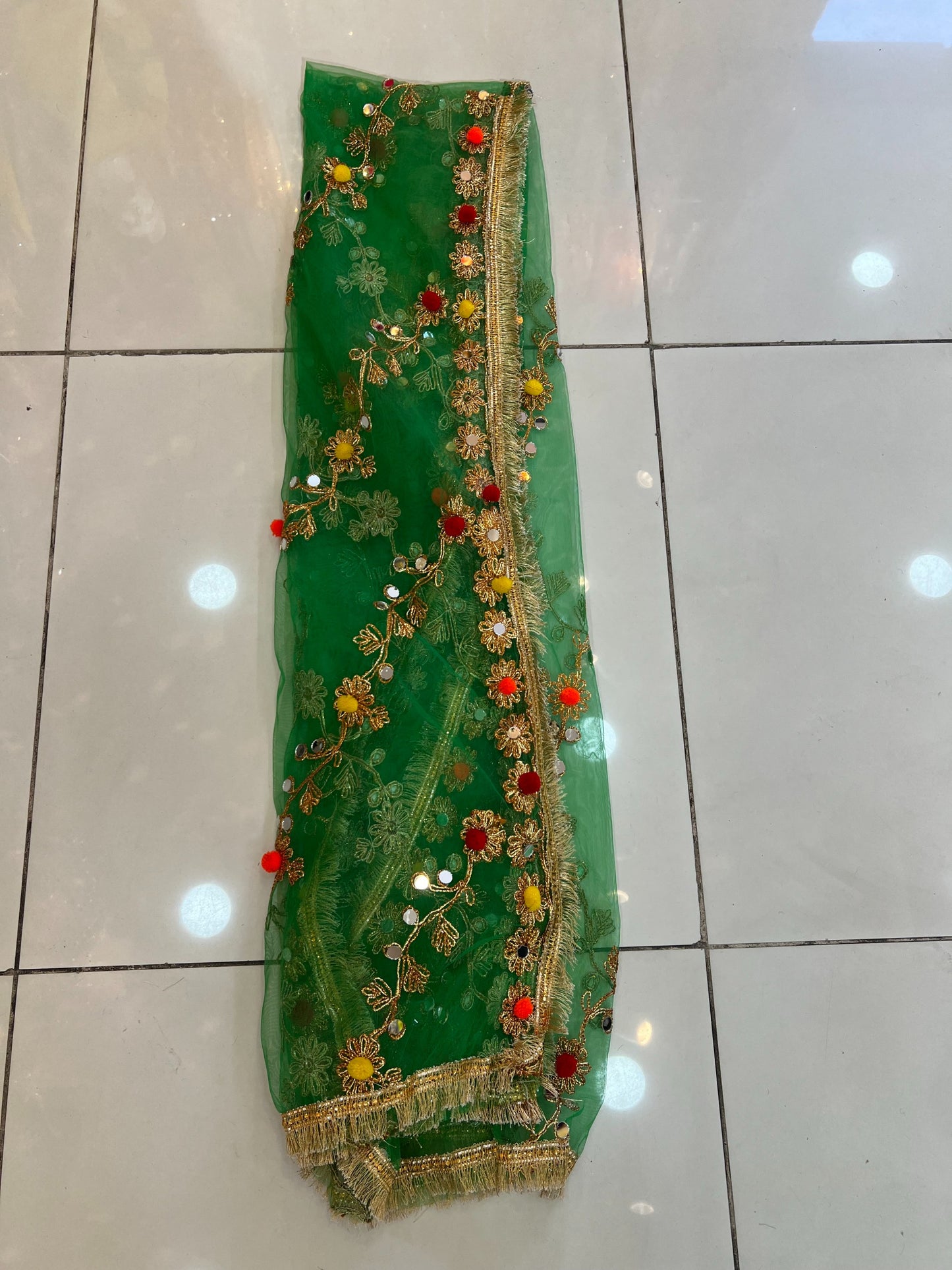 Multi Color Pomp Pomp Mehndi Net Dupatta - ELMWDP002