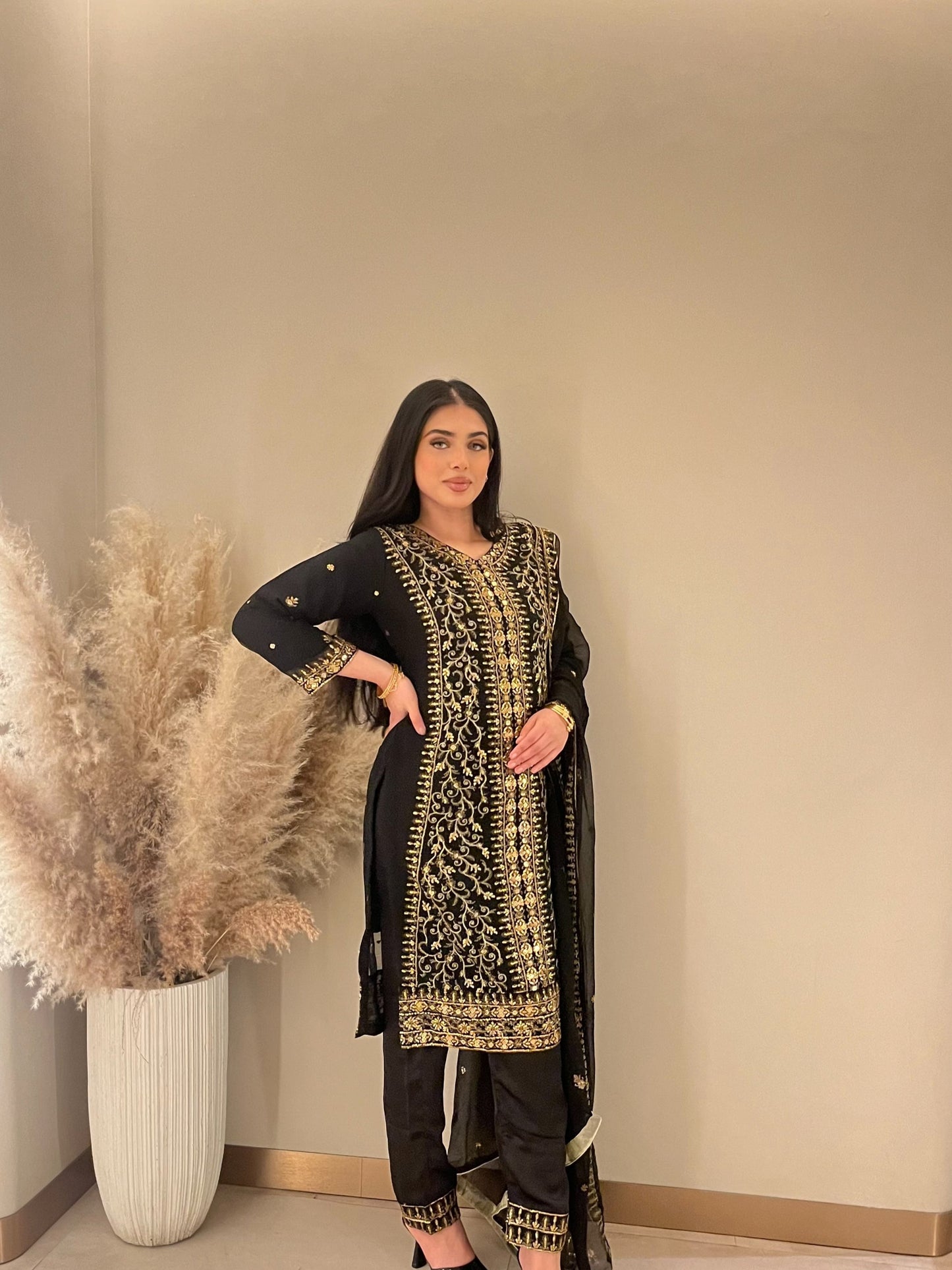 Asim Jofa Black Long Kameez - 3 Piece - ELAJ001