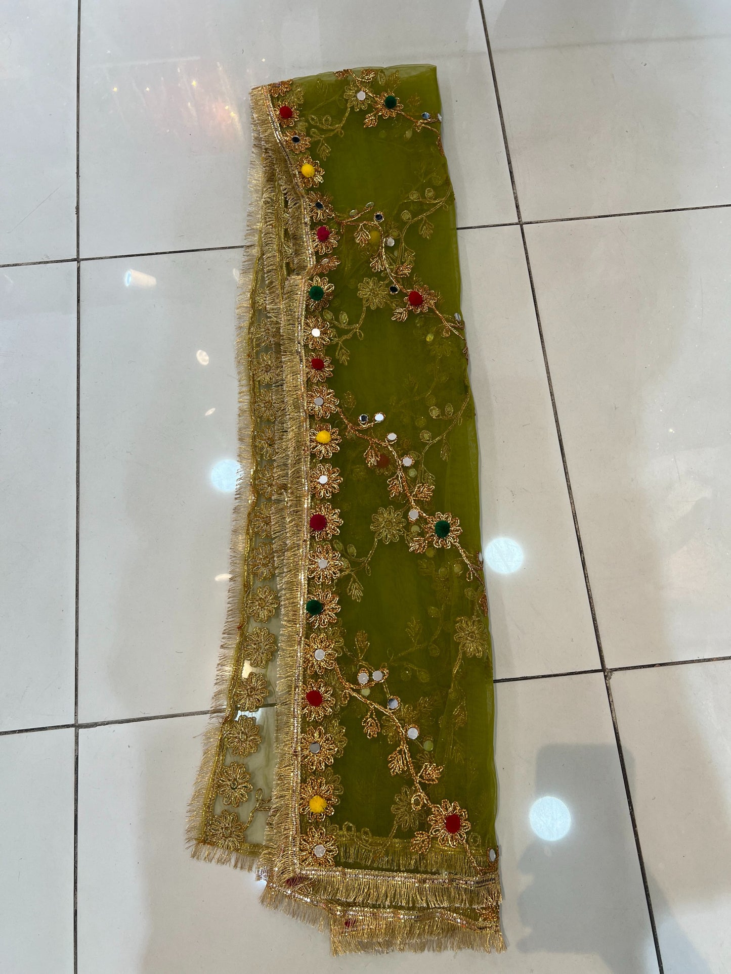 Multi Color Pomp Pomp Mehndi Net Dupatta - ELMWDP002