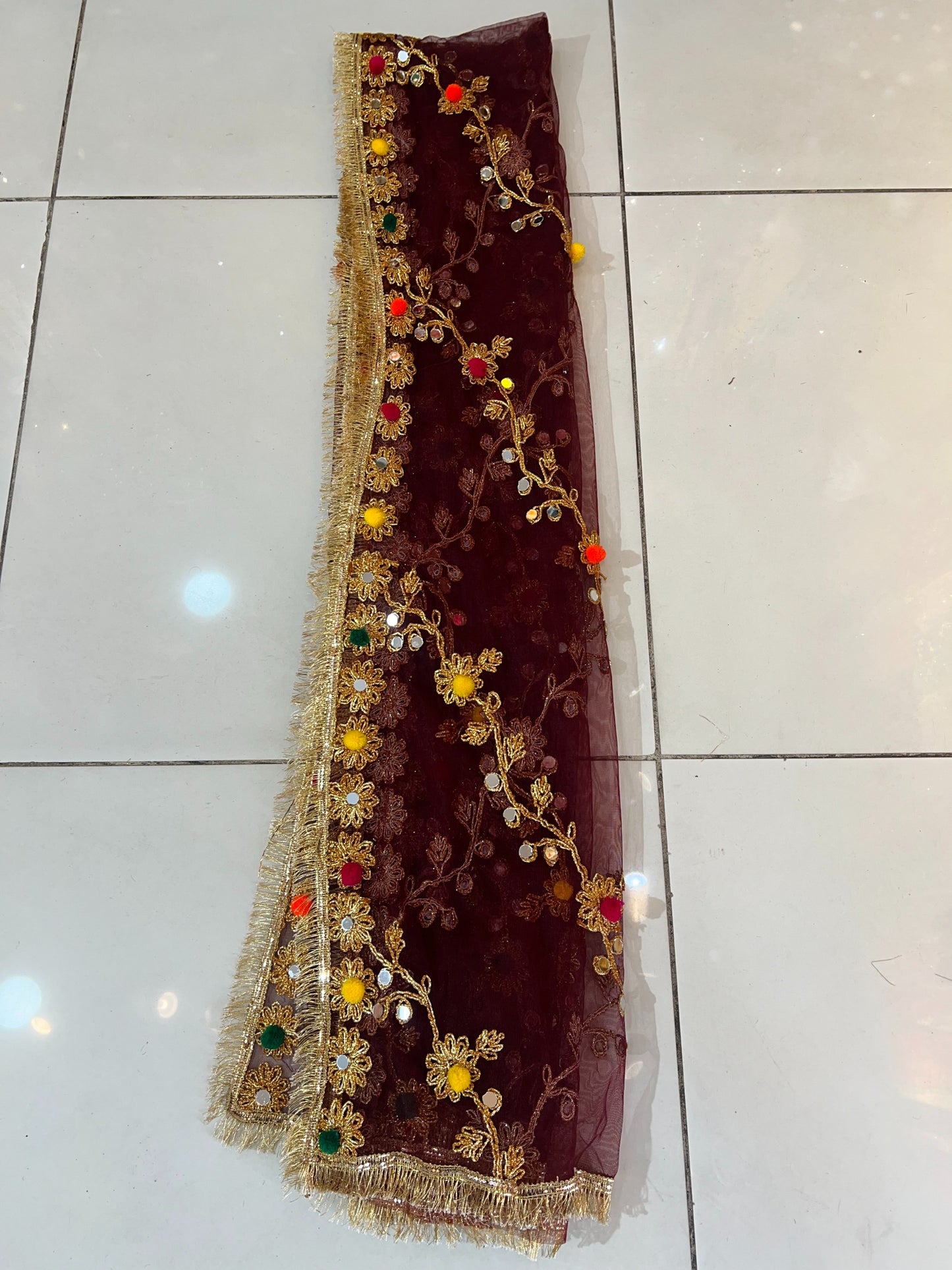 Multi Color Pomp Pomp Mehndi Net Dupatta - ELMWDP002
