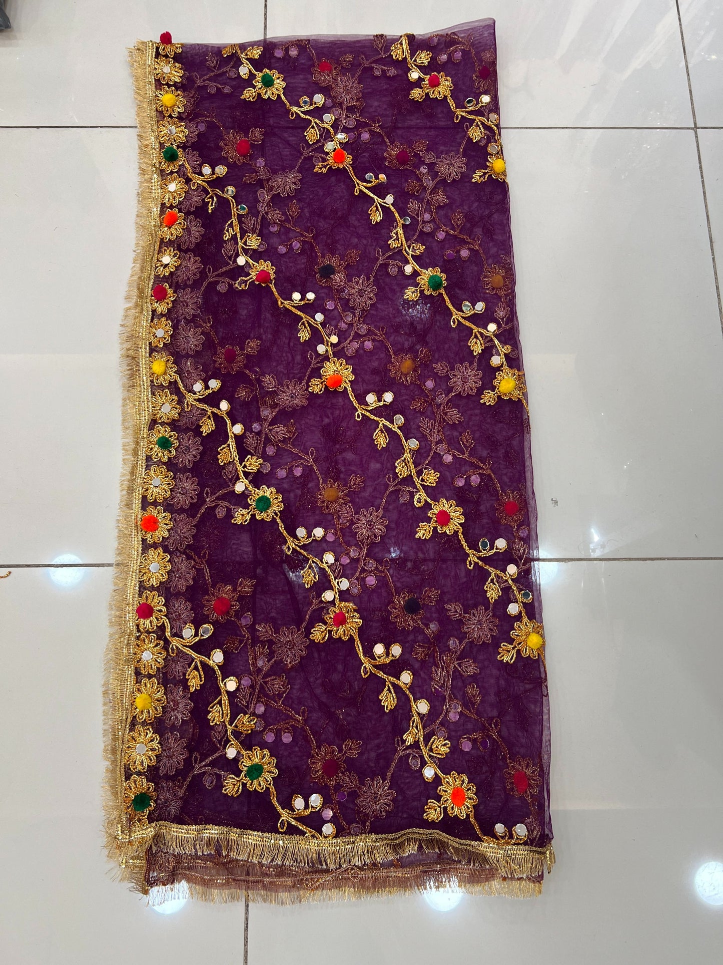 Multi Color Pomp Pomp Mehndi Net Dupatta - ELMWDP002