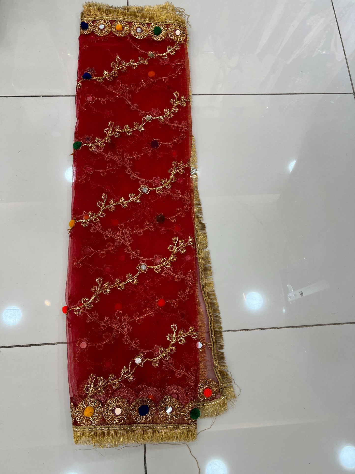 Multi Color Pomp Pomp Mehndi Net Dupatta - ELMWDP002