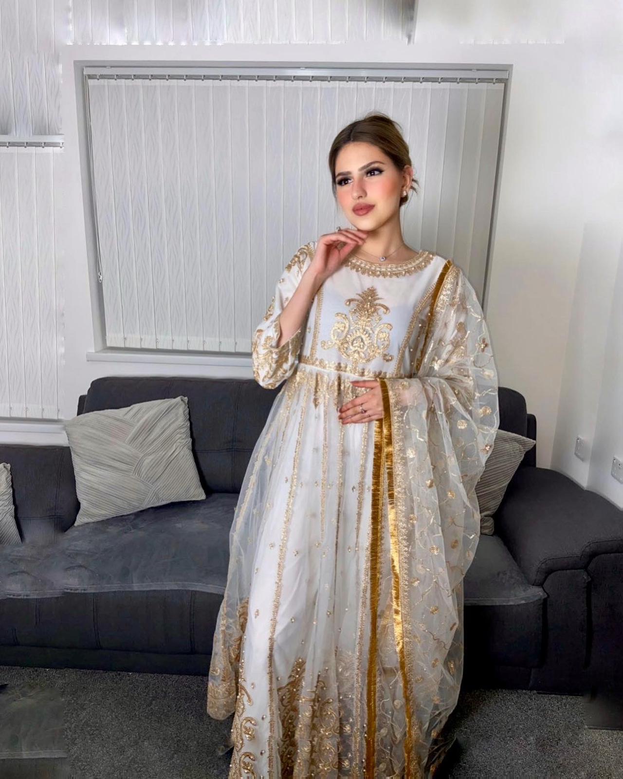 White and Golden Long Maxi Dress - ELRR030