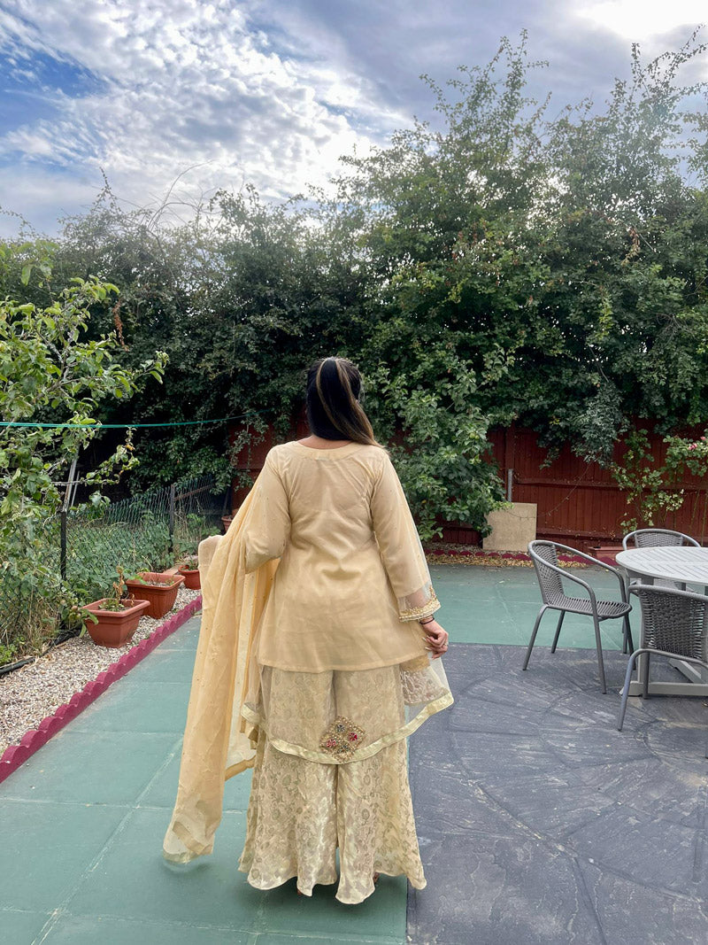 Golden Beige Aline Frock with Sharara - ELRR038