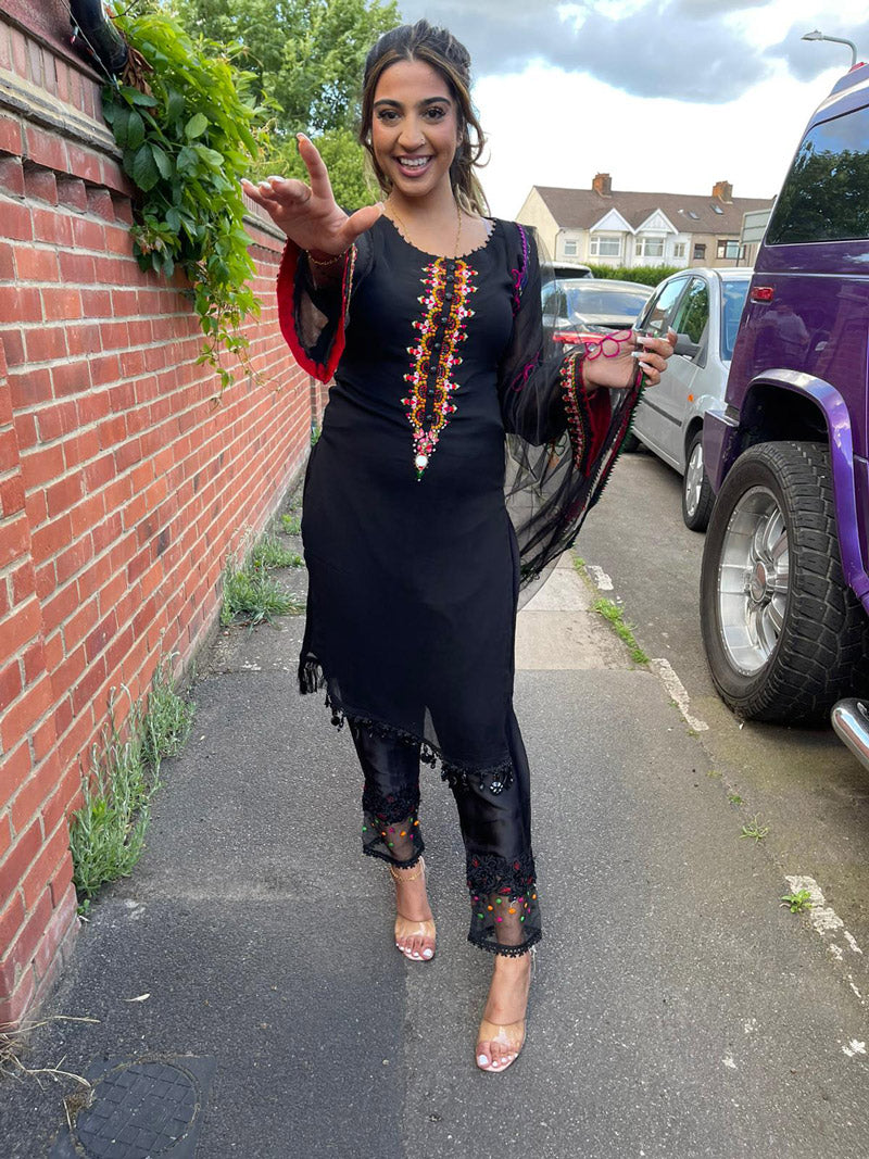Khuda Baksh Black Chiffon 3 Piece Outfit - ELKB002