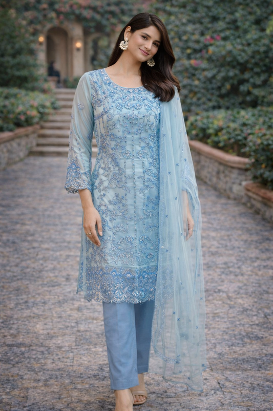 Baby Blue Heavily embroidered Plazzo outfit - 3 PC - ELRR094