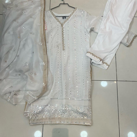 White Chiffon Party Outfit with Artificial Mirror Work - Womenswear last chance to buy !