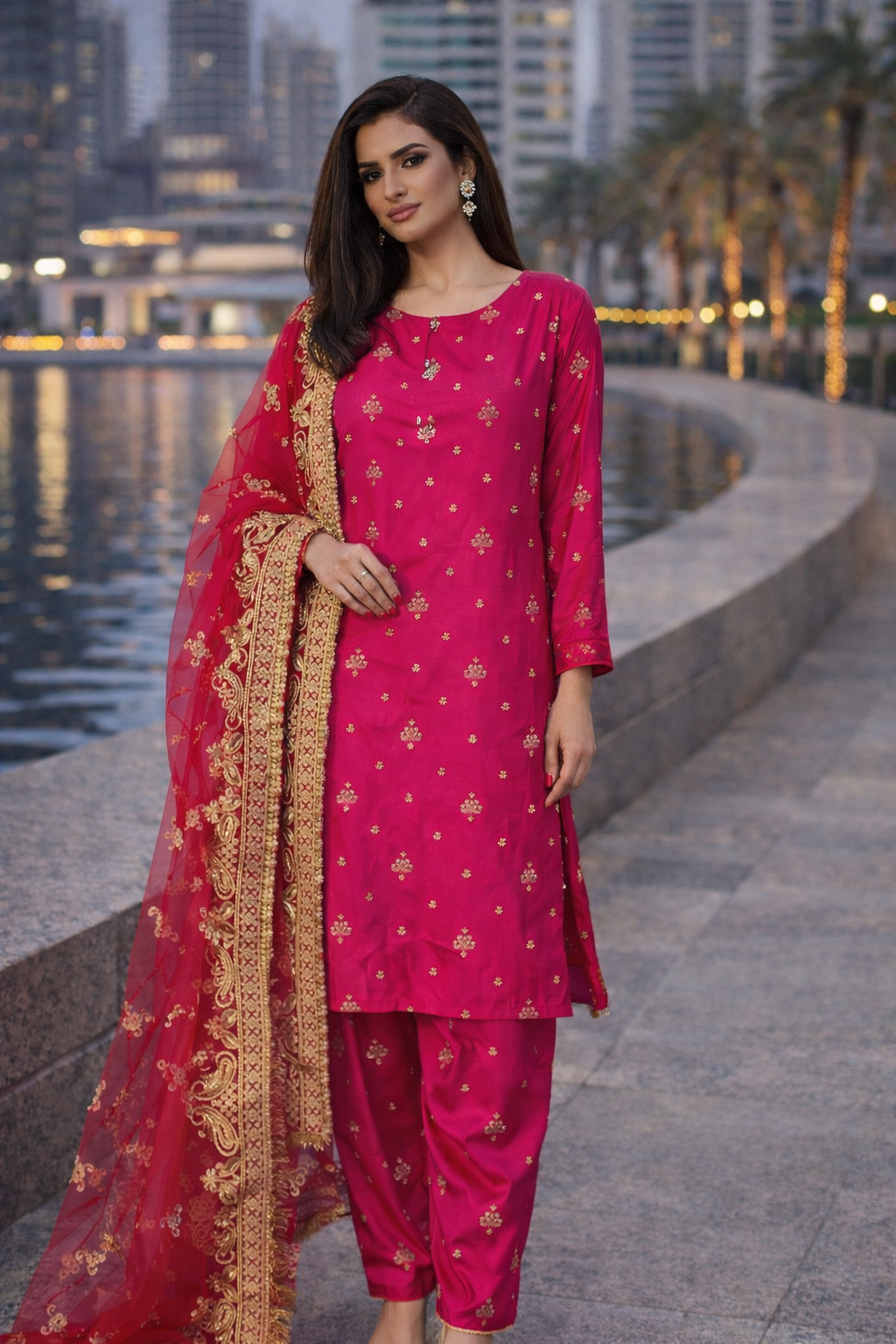 Satin Silk 3 piece Outfit in Pink with Net Dupatta