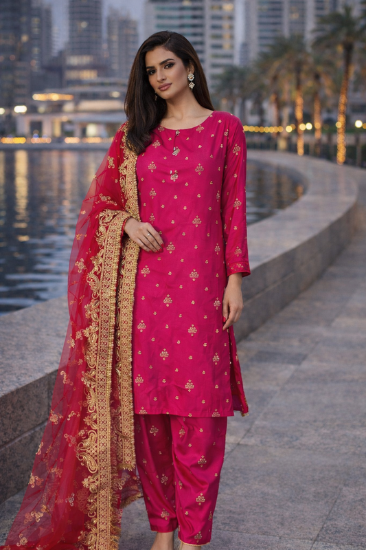 Satin Silk 3 piece Outfit in Pink with Net Dupatta