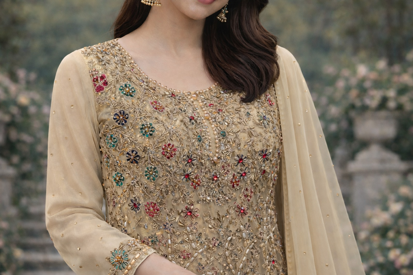 Golden Beige Aline Frock with Sharara - ELRR038