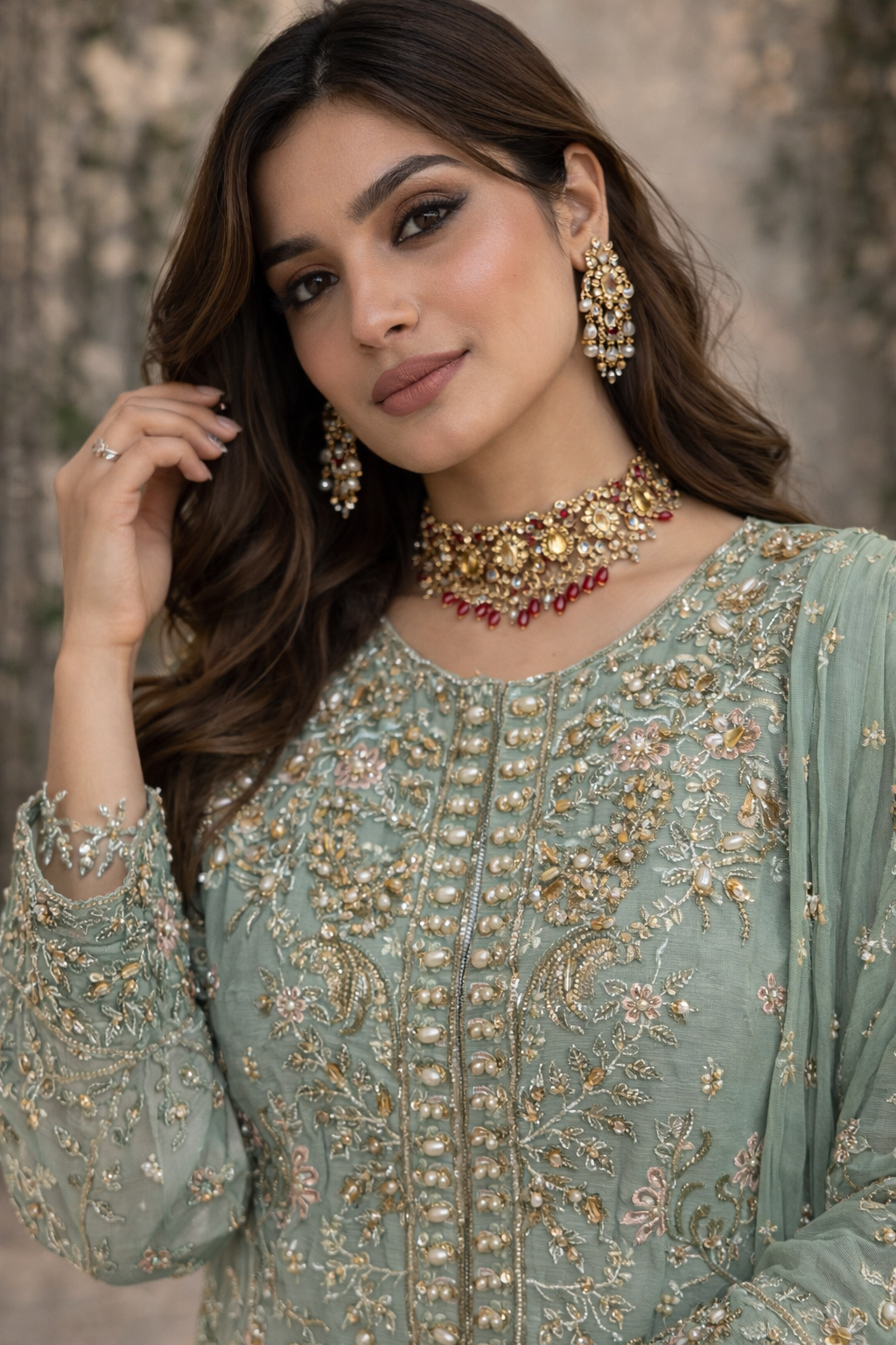 Light sage green heavy beaded outfit (EL0H9)