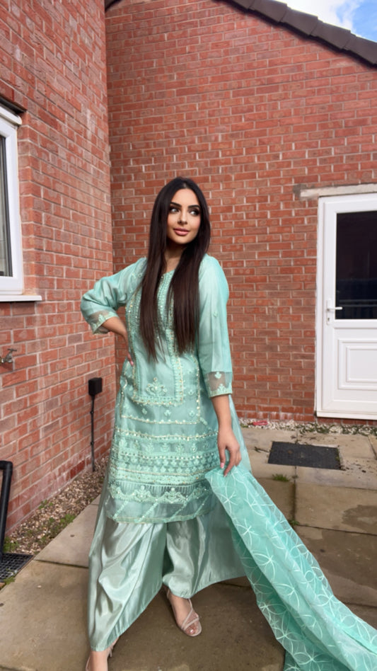 Light Blue Orgenza Shirt with Sharara - 3 PC - ELRR55