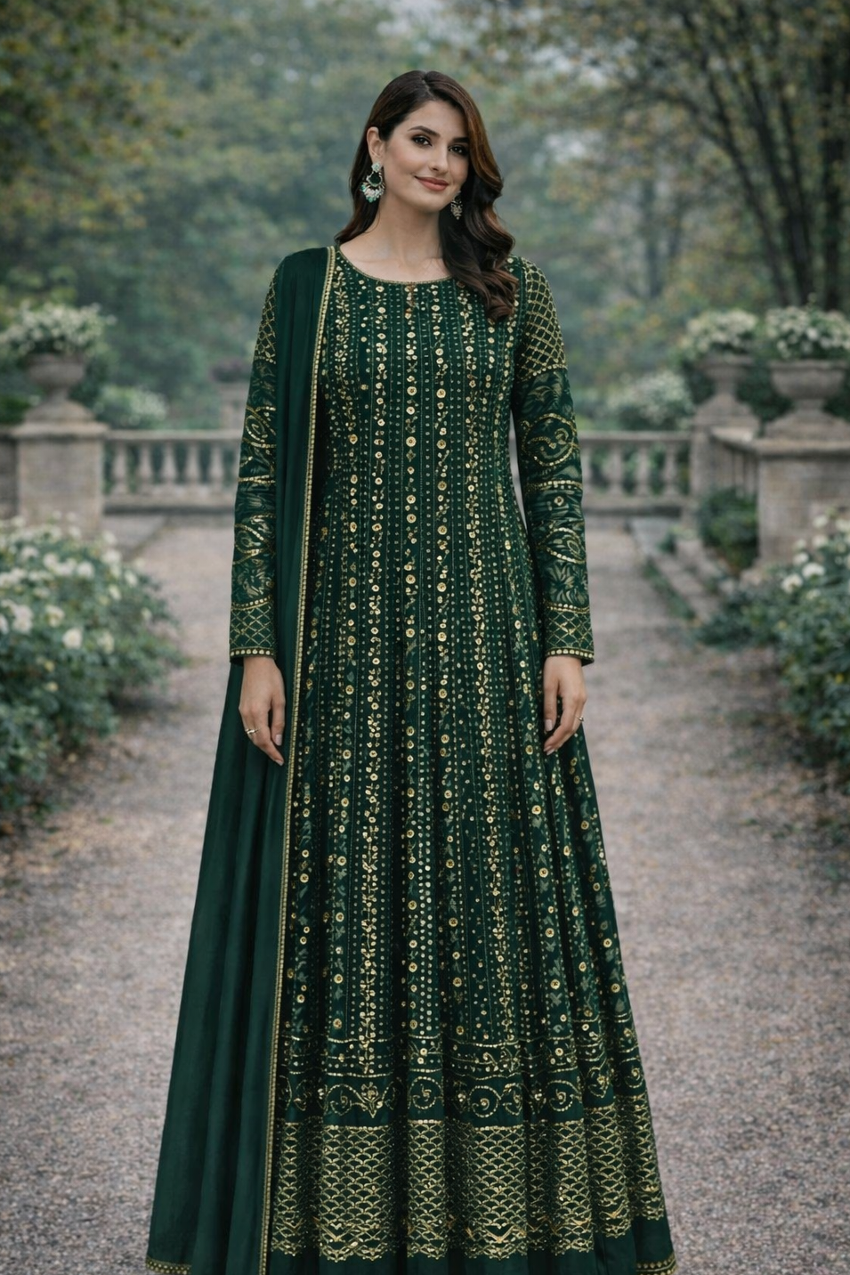 Bottle Green Maxi  Dress formal wear with Golden Work - 3 PC - ELRR097