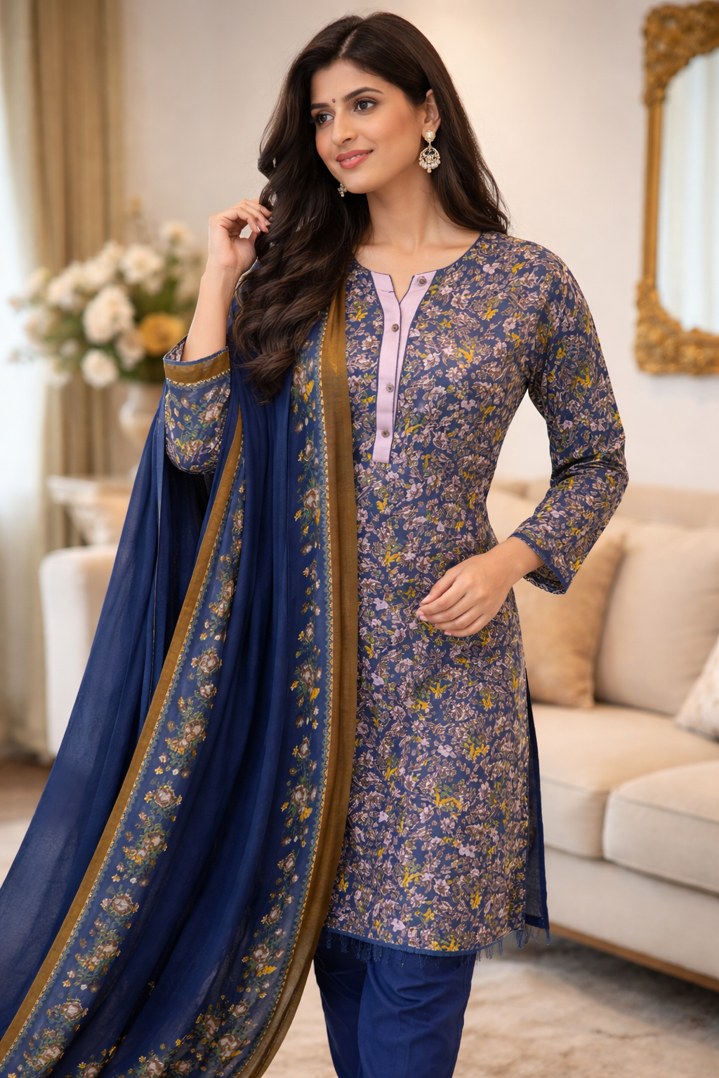 ELWC-007 Kottrai wool 3 piece printed suit with wool shawl asian clothing