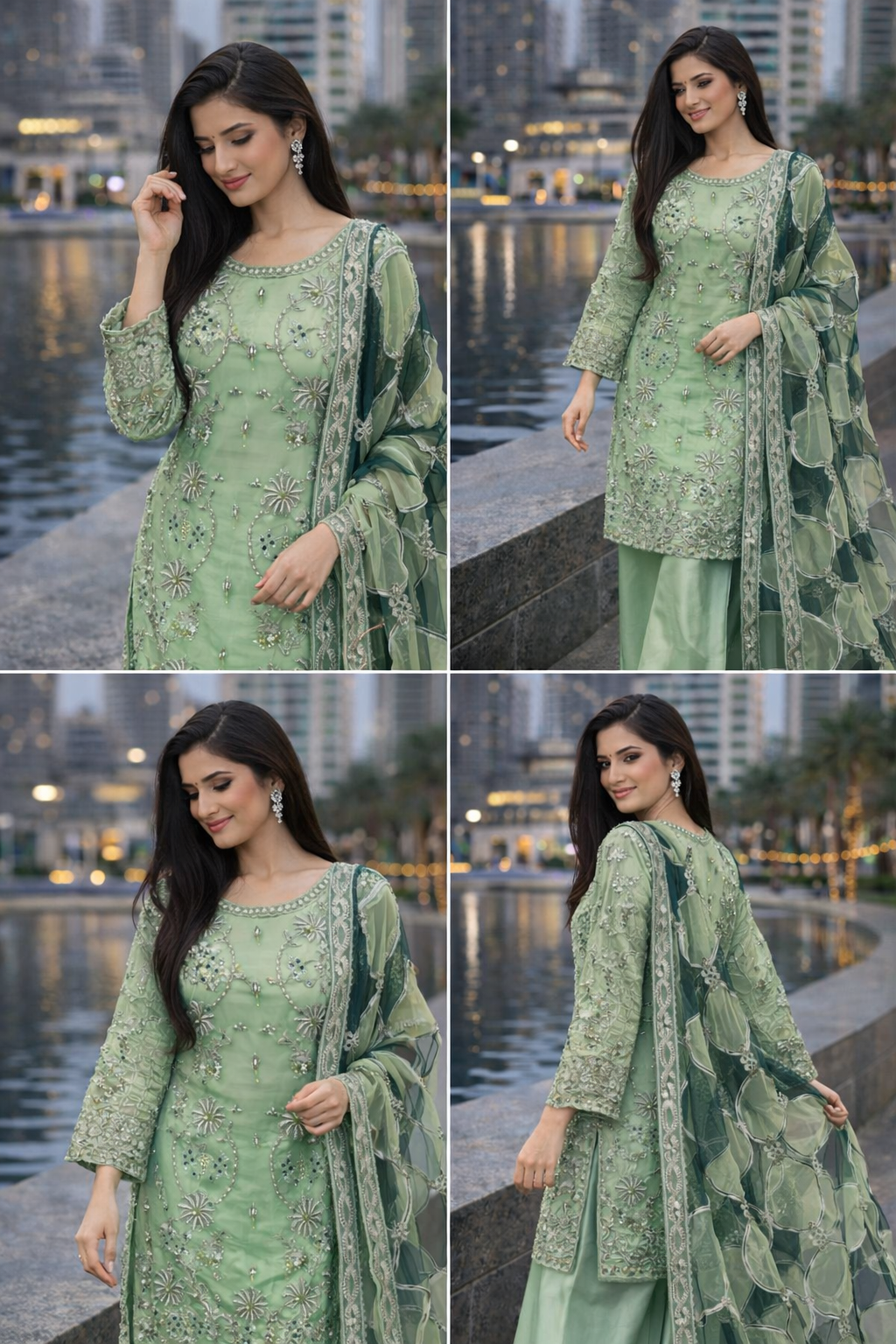 Pista Green Orgenza Embellished Dress - Formal Wear