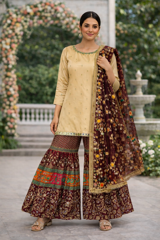 Mahroon and Beige Mehndi Wear Gharara Set
