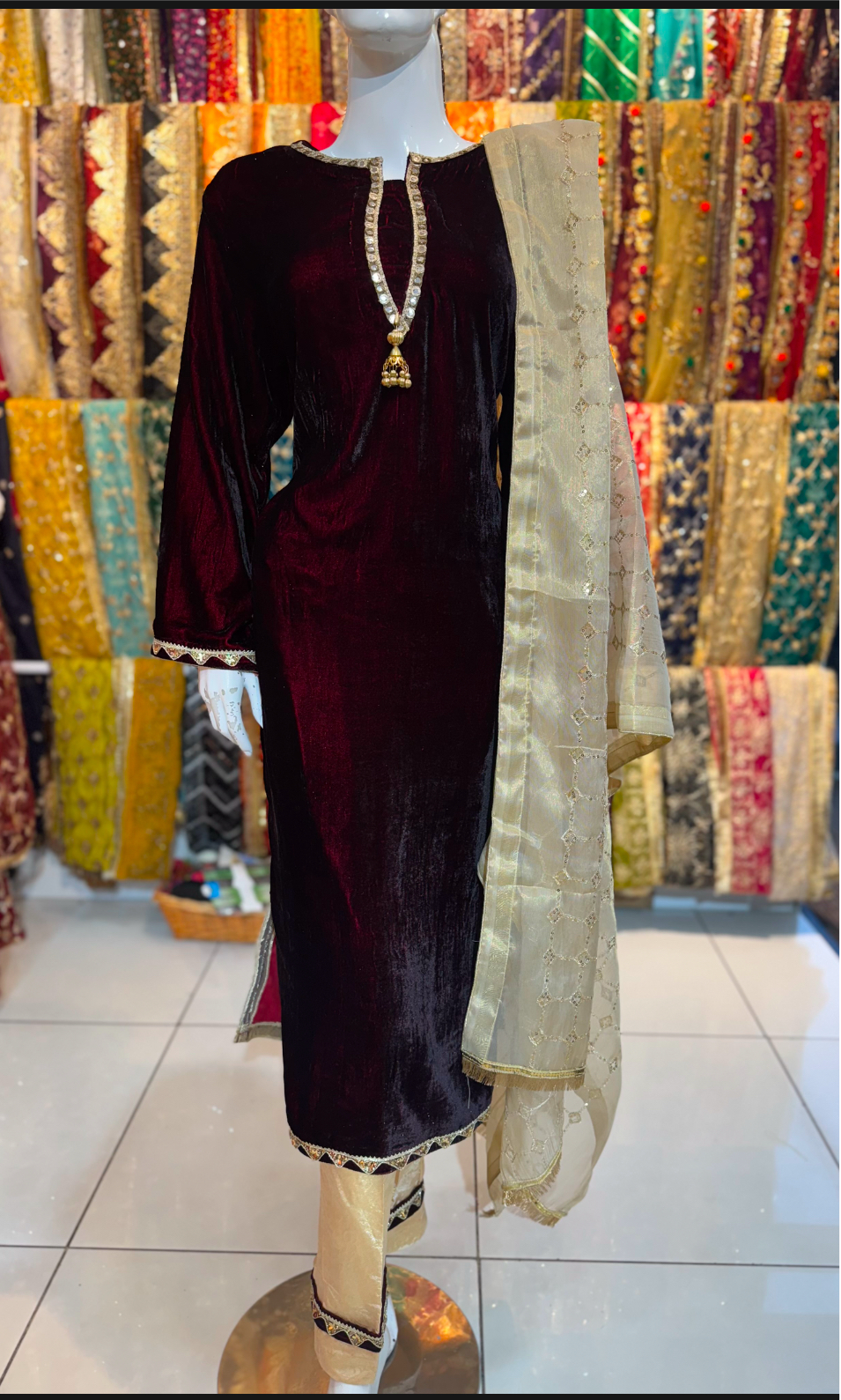 Velvet 3 piece Formal Wear in Maroon and Skin Fancy suit