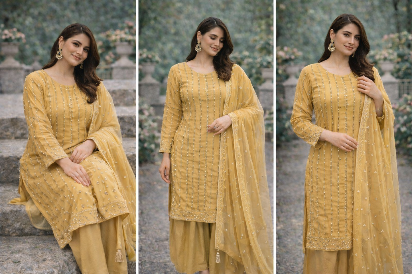 Heavily beaded Beige shirt with plazo style trousers - ELRR135