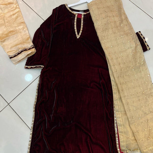 Velvet 3 piece Formal Wear in Maroon and Skin Fancy suit