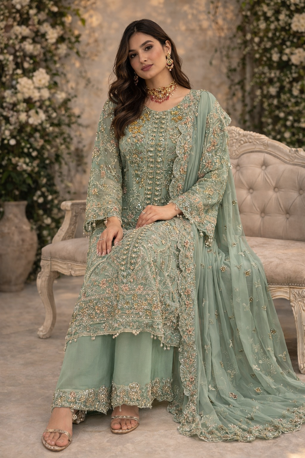 Light sage green heavy beaded outfit (EL0H9)