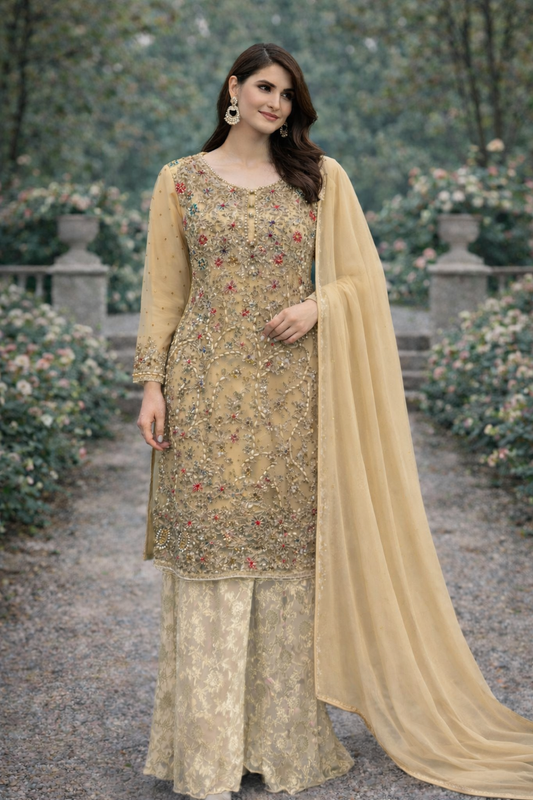 Golden Beige Aline Frock with Sharara - ELRR038