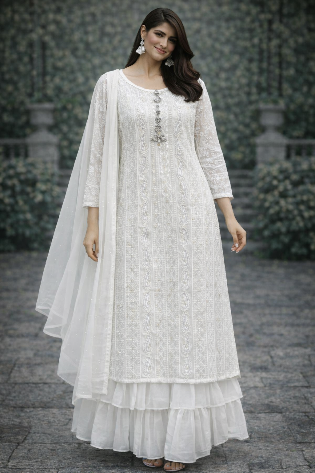White Outfit with Gharara Style Trouser - ELRR134