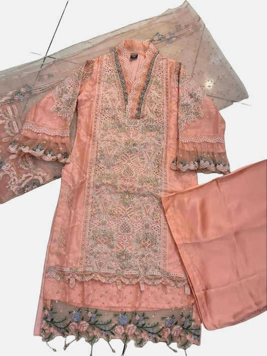 Mariam's Original Peach 3 Pc Formal Wear with Embellished Bead Work and Thread Work