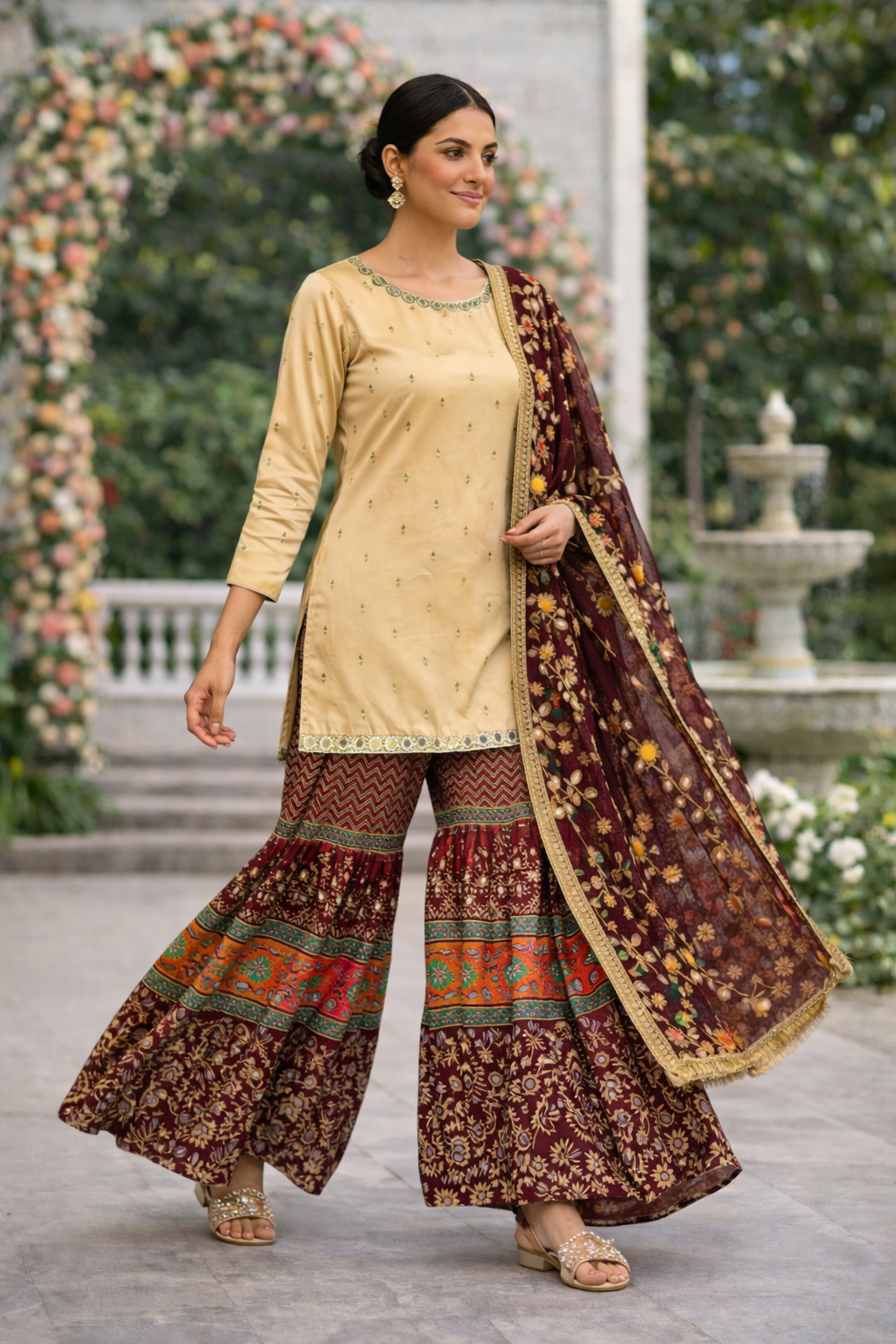 Mahroon and Beige Mehndi Wear Gharara Set