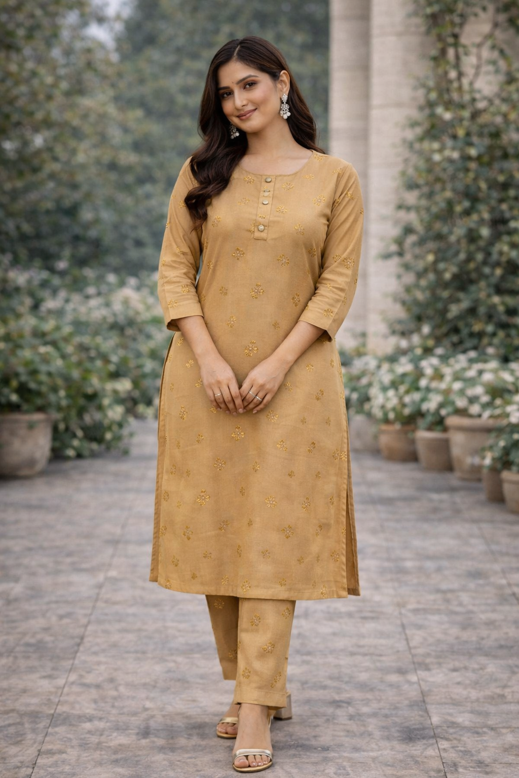 Golden Beige Satin Silk 2 Pc Formal Wear - ELRR012