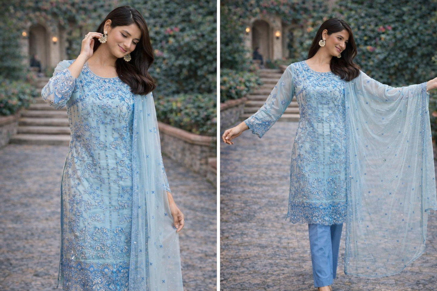 Baby Blue Heavily embroidered Plazzo outfit - 3 PC - ELRR094