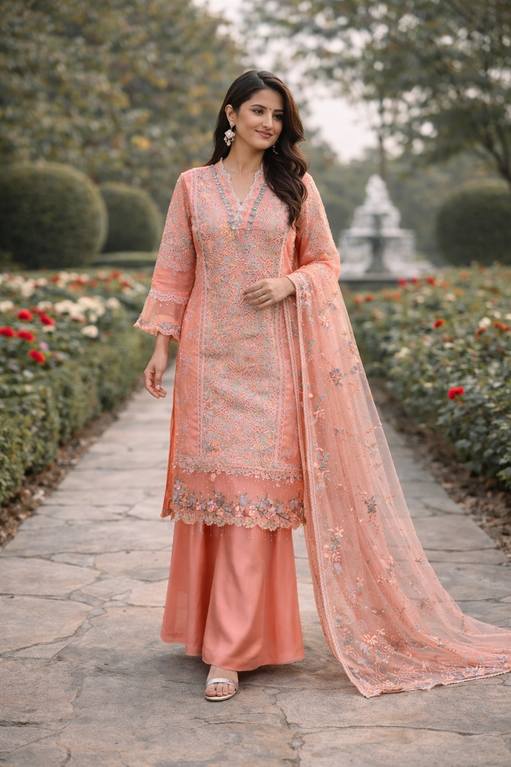 Mariam's Original Peach 3 Pc Formal Wear with Embellished Bead Work and Thread Work