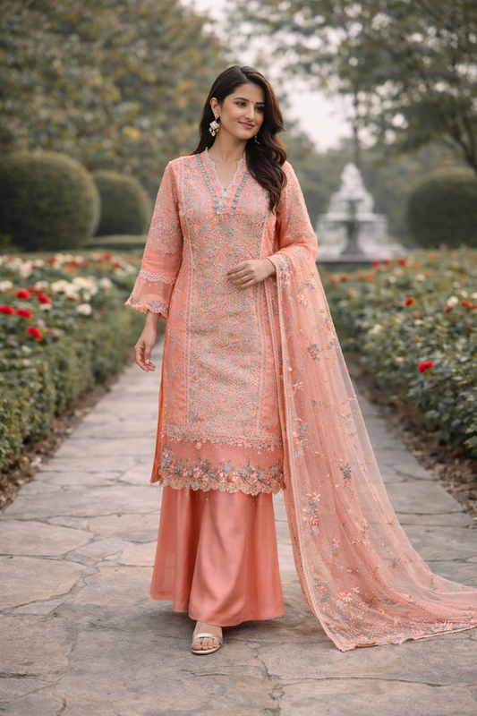 Mariam's Original Peach 3 Pc Formal Wear with Embellished Bead Work and Thread Work